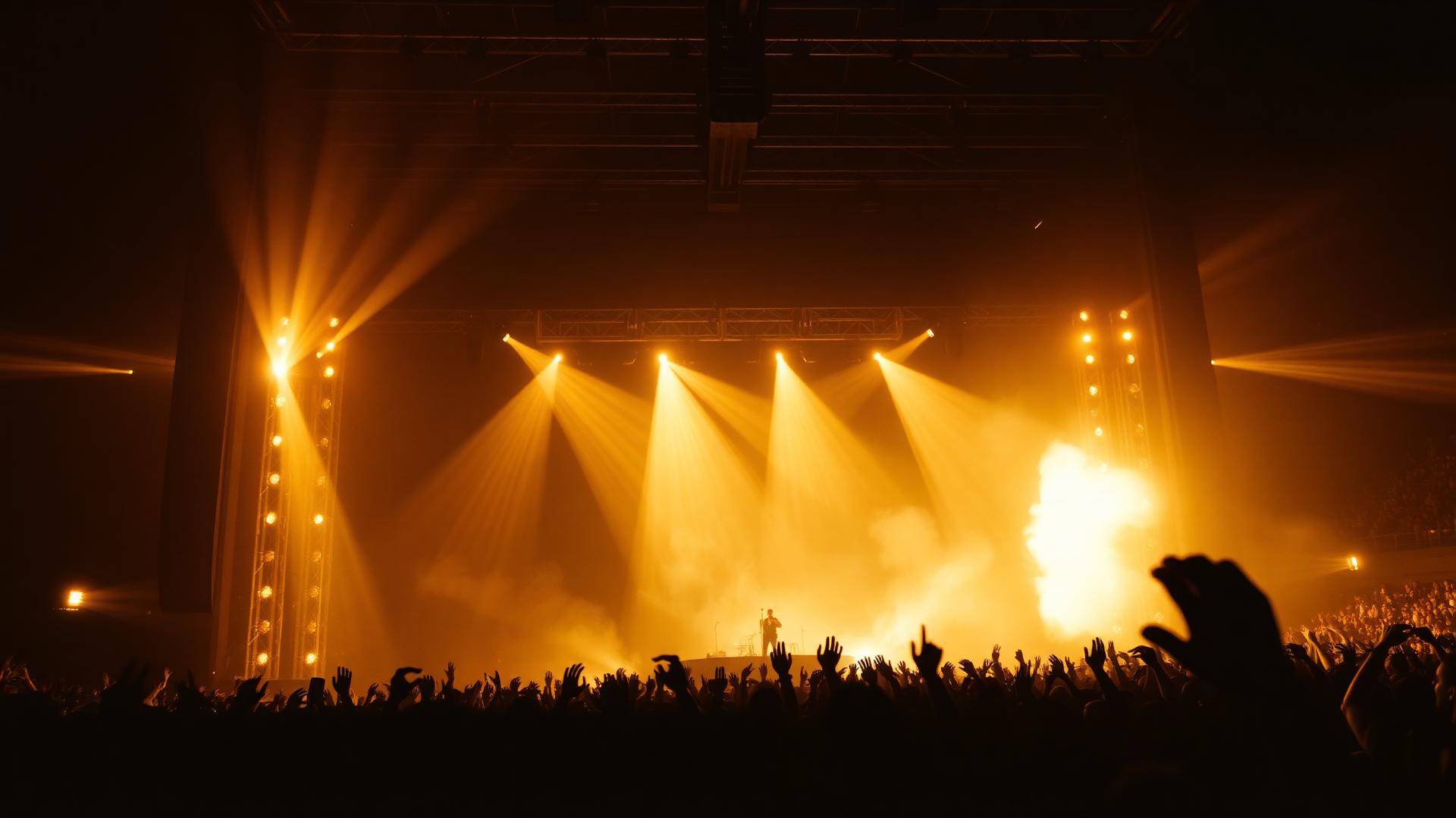 Arena stage lit with gold spotlights